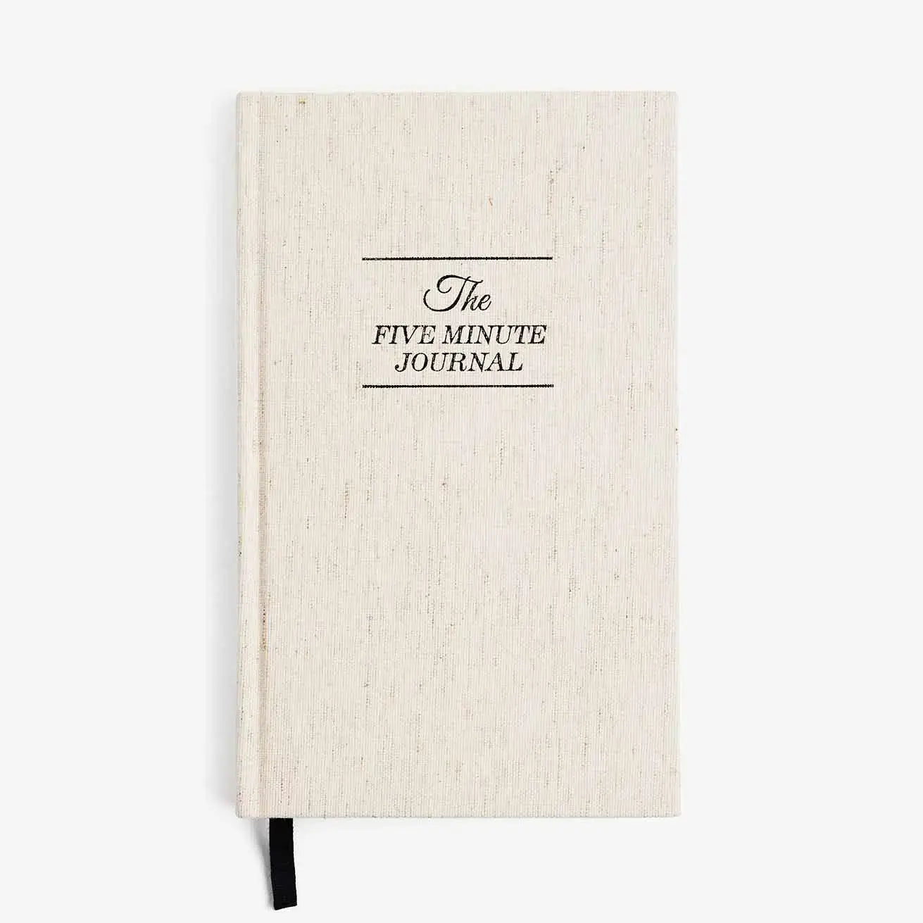 The beige hardcover Five Minute Journal by Intelligent Change features black text on the cover and a simplistic, minimalistic design. Inside, youll find 264 undated pages for six months of reflection, accompanied by a black ribbon bookmark at the bottom.