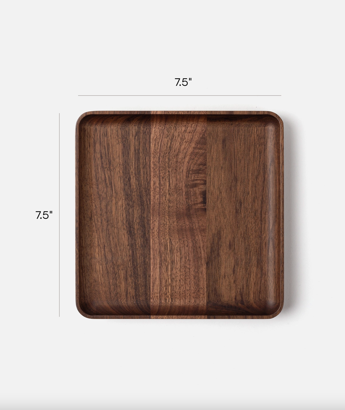 The Ugmonk Valet Tray - Medium is a precision-milled walnut square, 7.5 x 7.5 with unique grain and rounded edges, shown on a white background with measurement lines and labels.