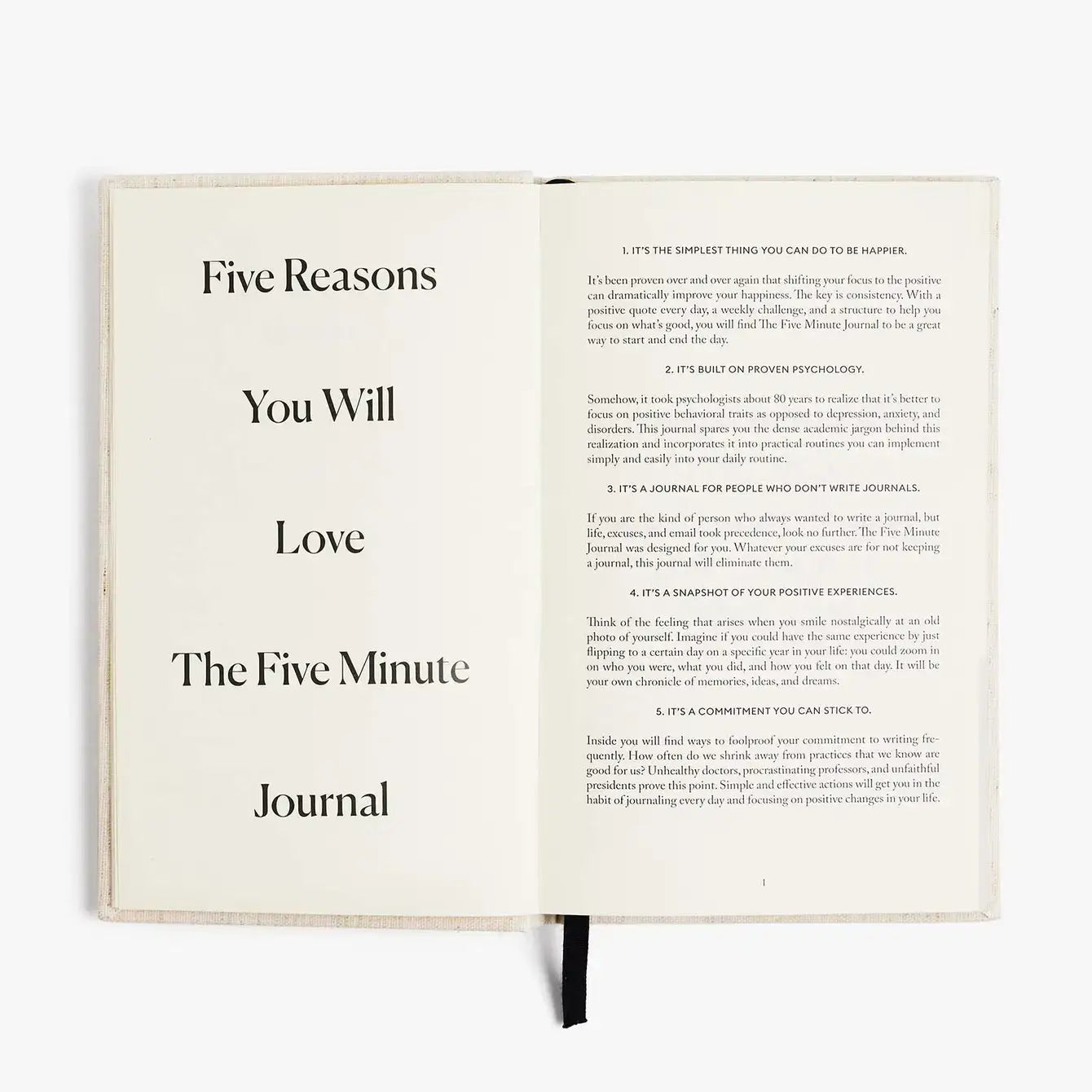 An open Five Minute Journal by Intelligent Change showcases a list titled Five Reasons You Will Love The Five Minute Journal, detailing its simplicity, positive psychology, and ease of creating a journaling habit. This 264-page undated planner features a black ribbon bookmark.