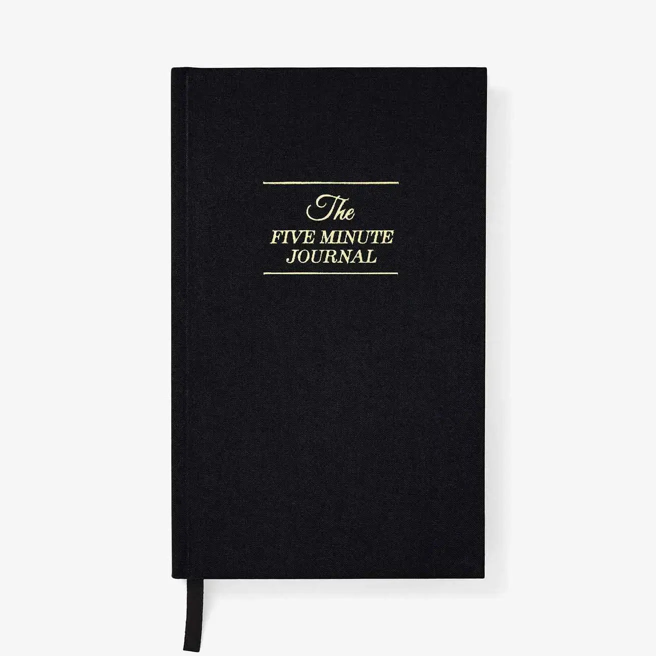 The Five Minute Journal by Intelligent Change is a sleek black hardcover featuring gold lettering and a black ribbon bookmark. With 264 undated pages, this journal offers flexible planning over any 6-month period against a plain white background.