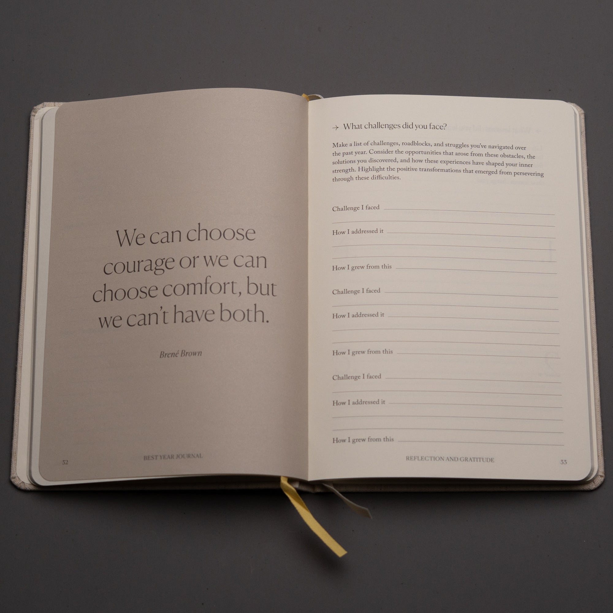 The Best Year Journal by Intelligent Change features an open spread: one page has a Brené Brown quote—“We can choose courage or we can choose comfort, but we can’t have both”—and the other offers prompts for mindful reflection on challenges and lessons.