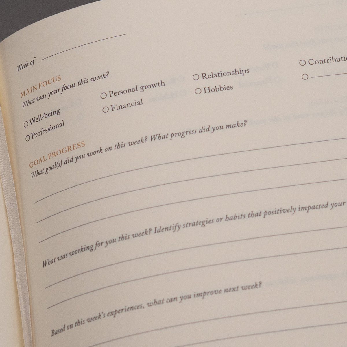 The Best Year Journal by Intelligent Change is an open yearly planner featuring sections for main focus, goal progress, weekly highlights, and reflective prompts on well-being, growth, relationships, and achievements. The cream-colored pages display brown and orange text in a thoughtfully designed layout to support intention setting throughout the year.