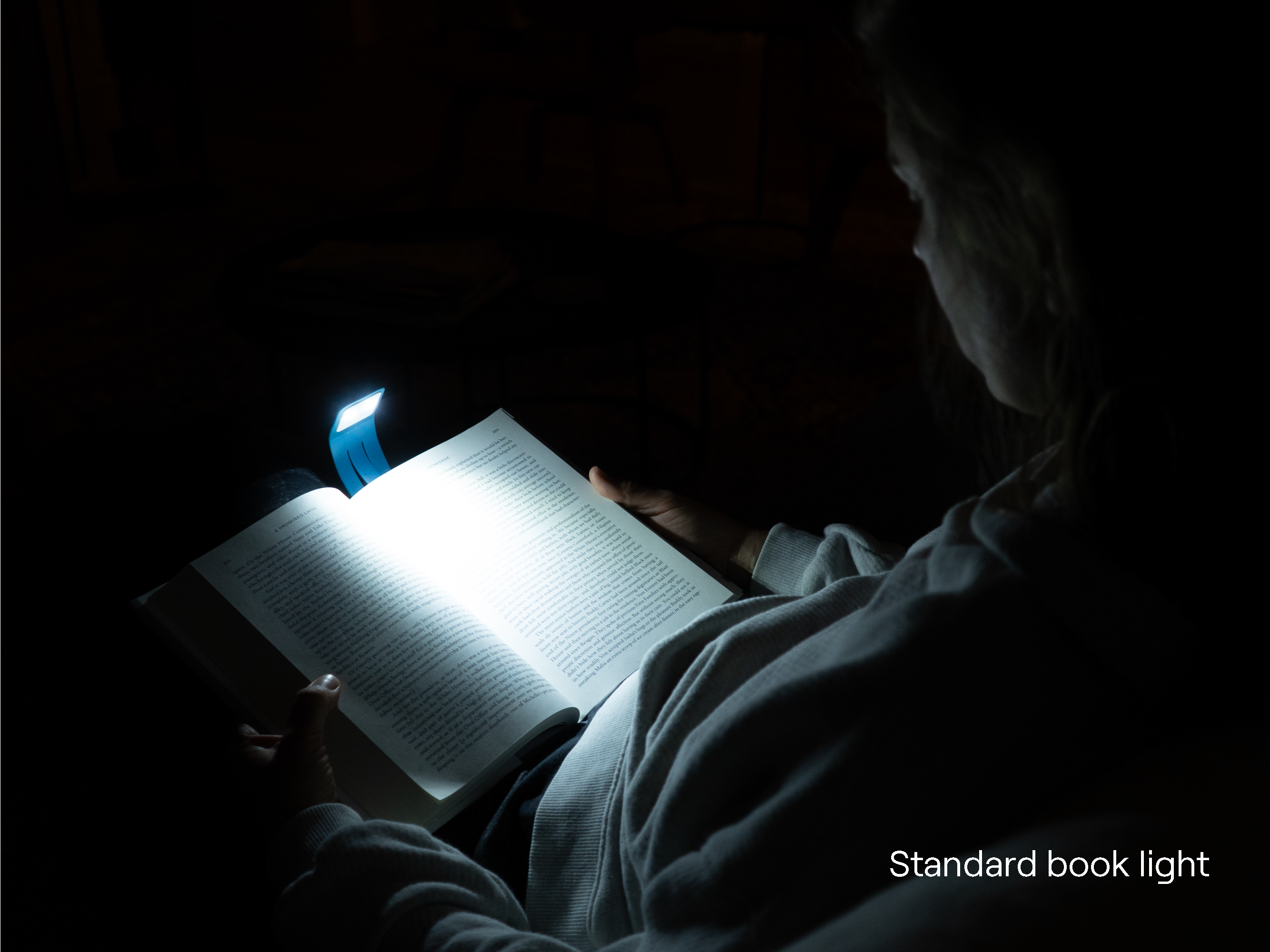 A person reading in the dark, illuminated by a small book light clipped to a book. Most of the page is visible, and the surrounding area is dimly lit. Text in the image reads Standard book light.